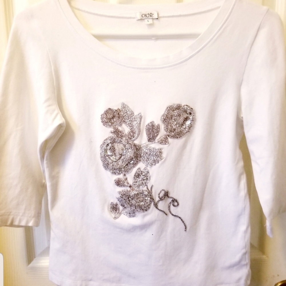 Vtg 90s Cache White Jersey 3/4 Sleeve Bodycon Top Silver Sequin Floral Applique